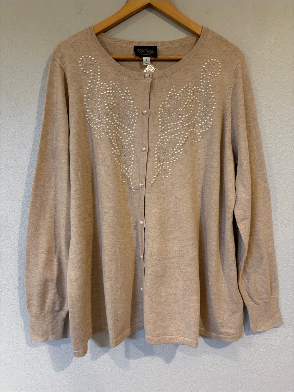 NWT Bob Mackie Wearable Art scroll design cardigan sweater pearl and crystal L